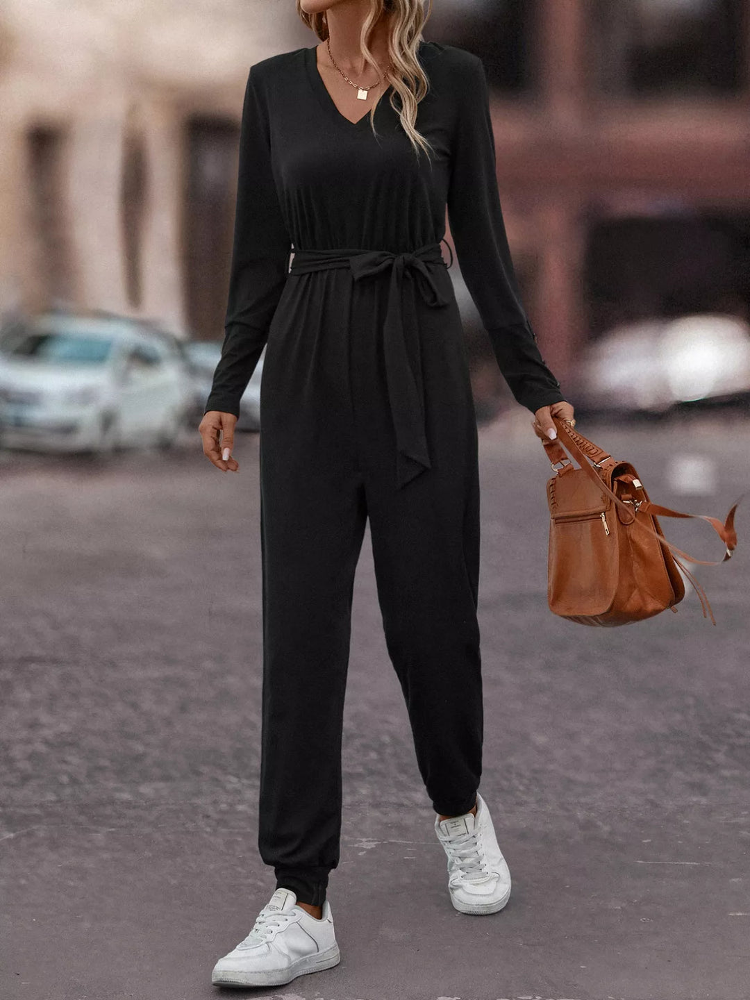 Black V Neck Long Sleeve Tie Waist Jumpsuit