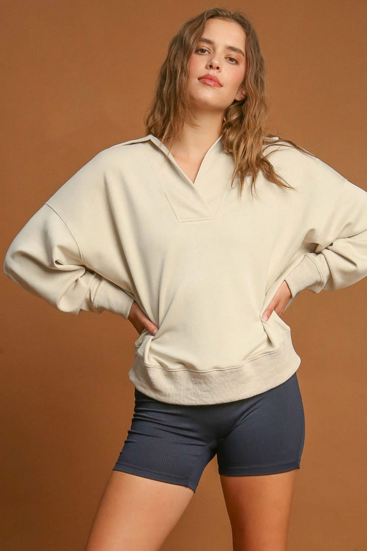 Ecru Umgee Johnny Collar Dropped Shoulder Sweatshirt 1