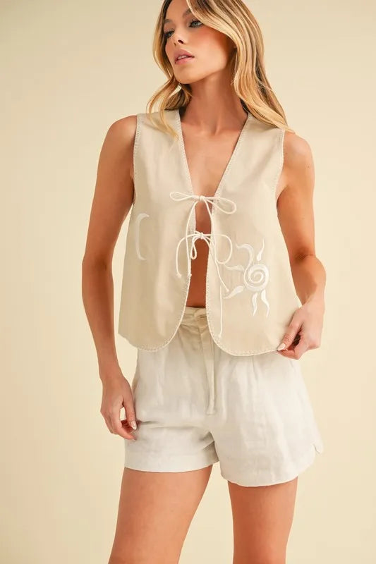 Aemi Co Embroidered Tied Front Vest Coat