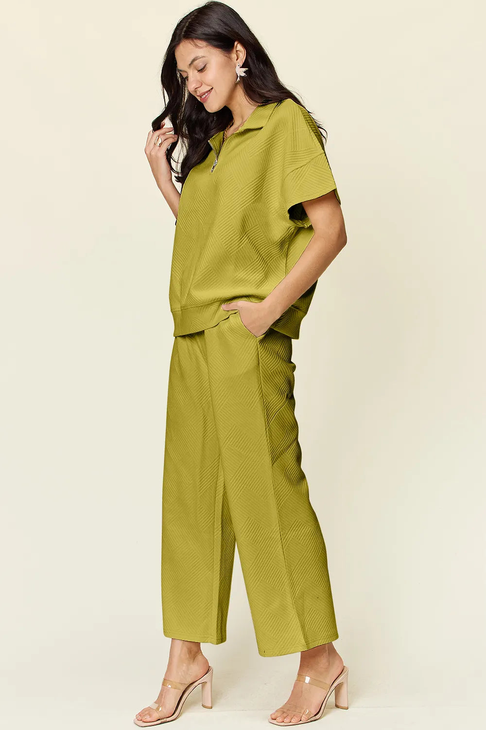 Deep Teal Double Take Full Size Texture Half Zip Short Sleeve Top And Pants Set 1