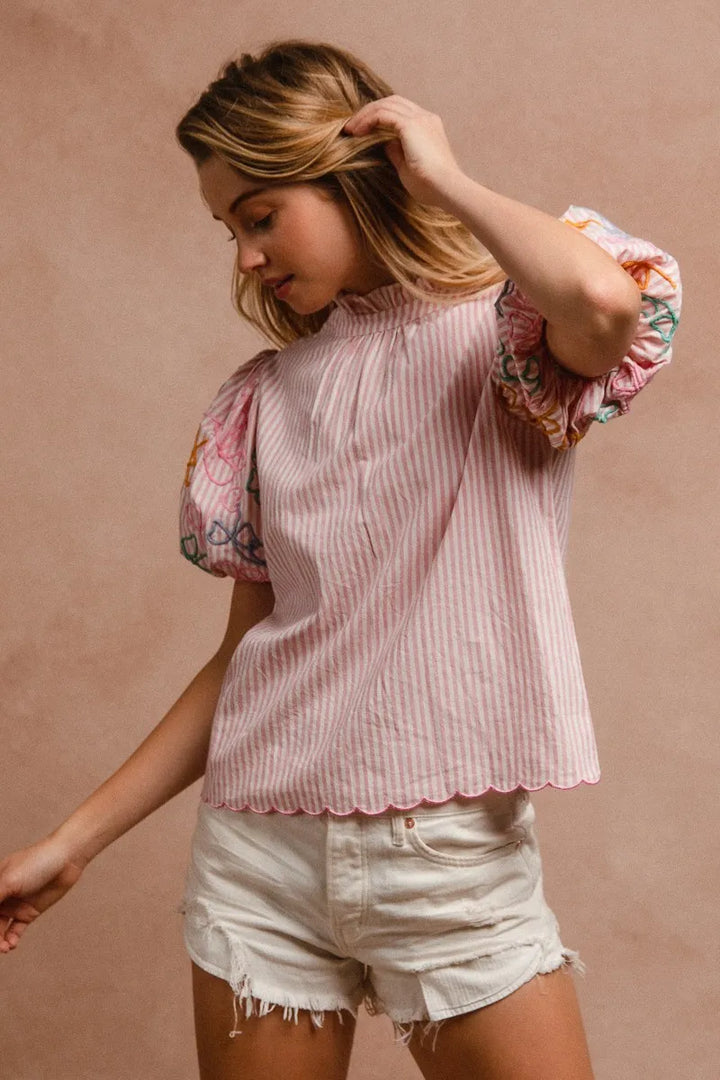 Bibi Embroidery Bubble Sleeve Top With Bottom Scallop Detail
