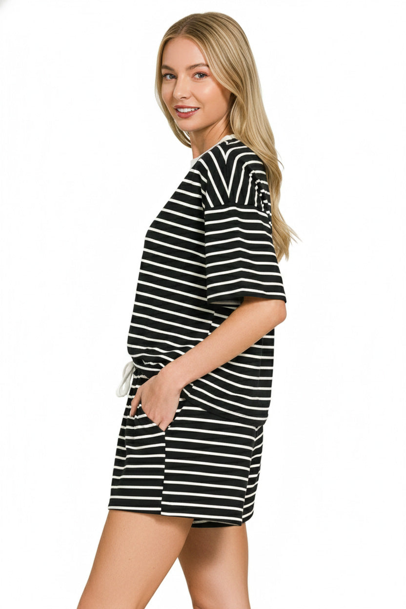 Black Zenana Striped Round Neck Tee Shorts Set