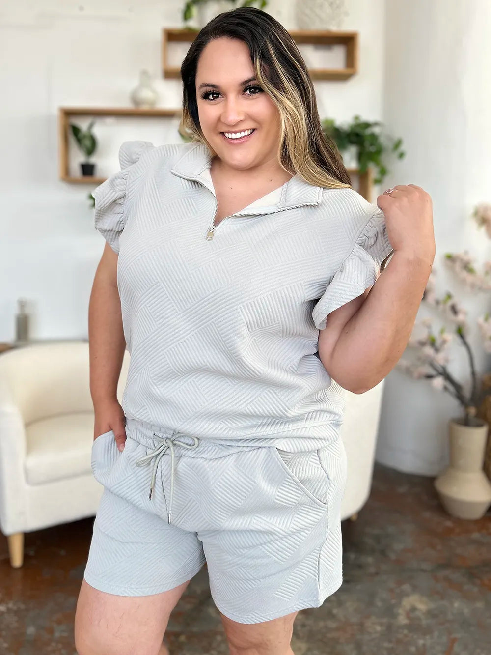 Light Gray Double Take Full Size Texture Flounce Sleeve Top And Drawstring Shorts Set