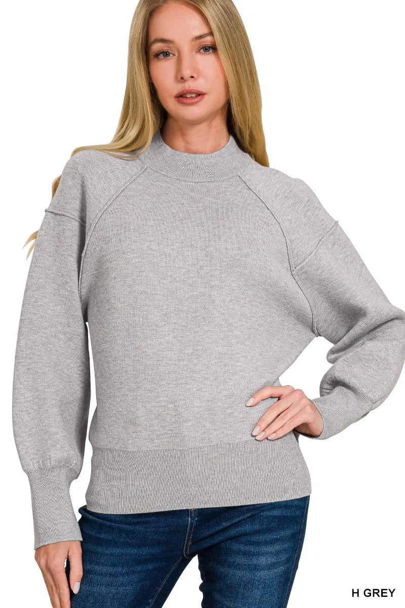 H Grey Zenana Viscose Mock Neck Exposed Seam Sweater 1