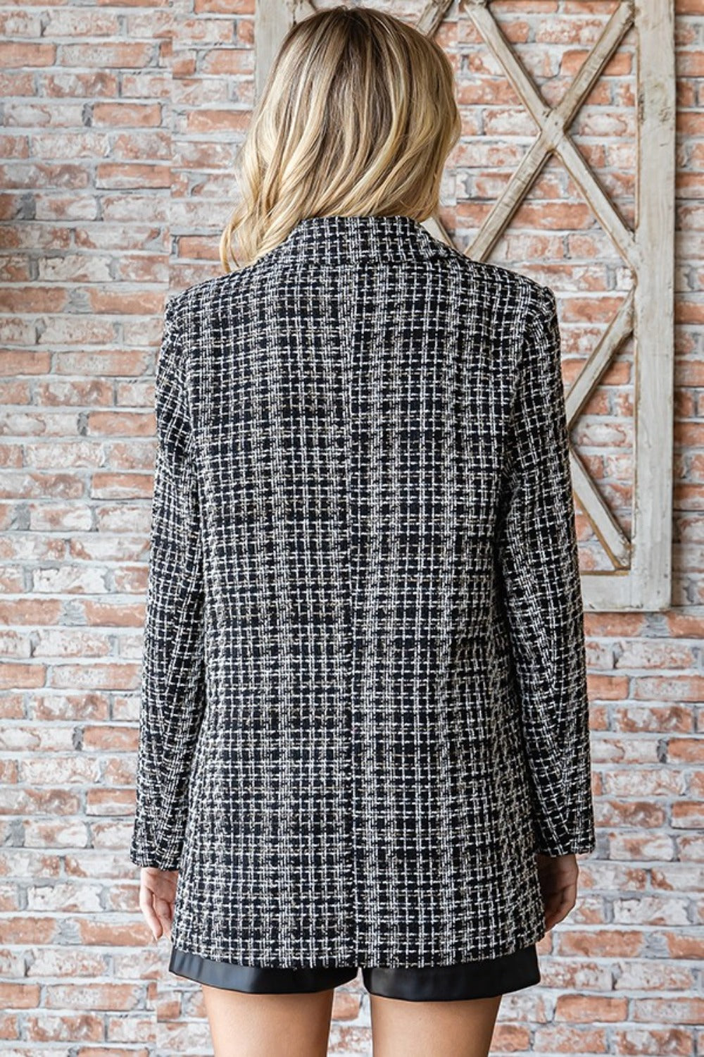 Black/White First Love Full Size Lurex Mixed Tweed One Button Blazer