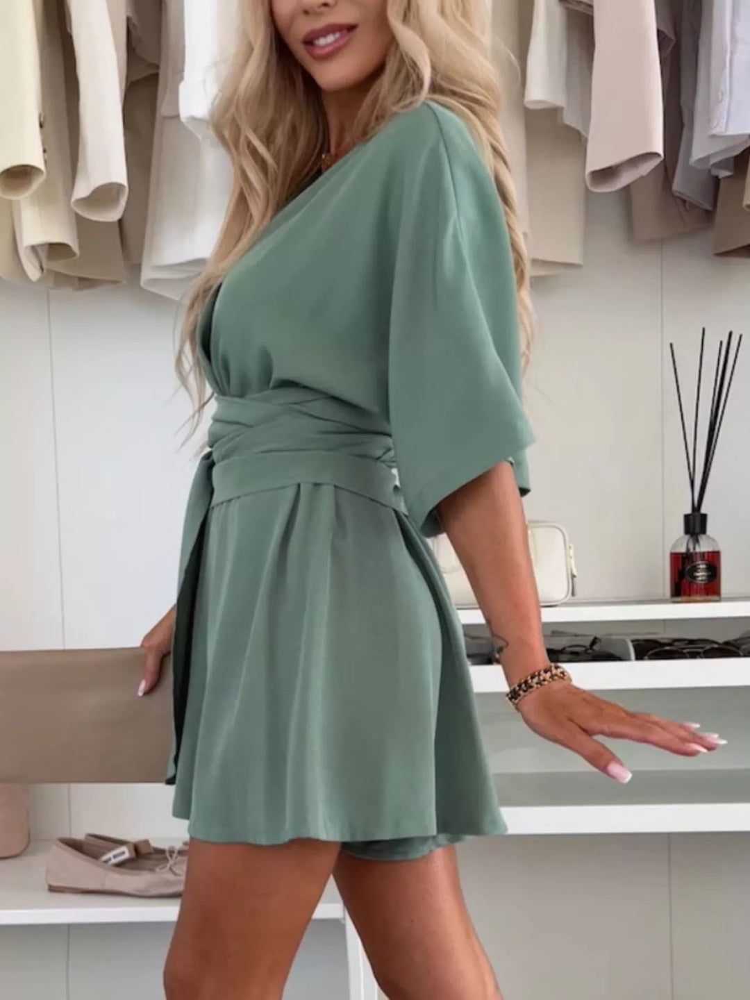 Apricot Full Size Surplice Tie Waist Romper Plus Size