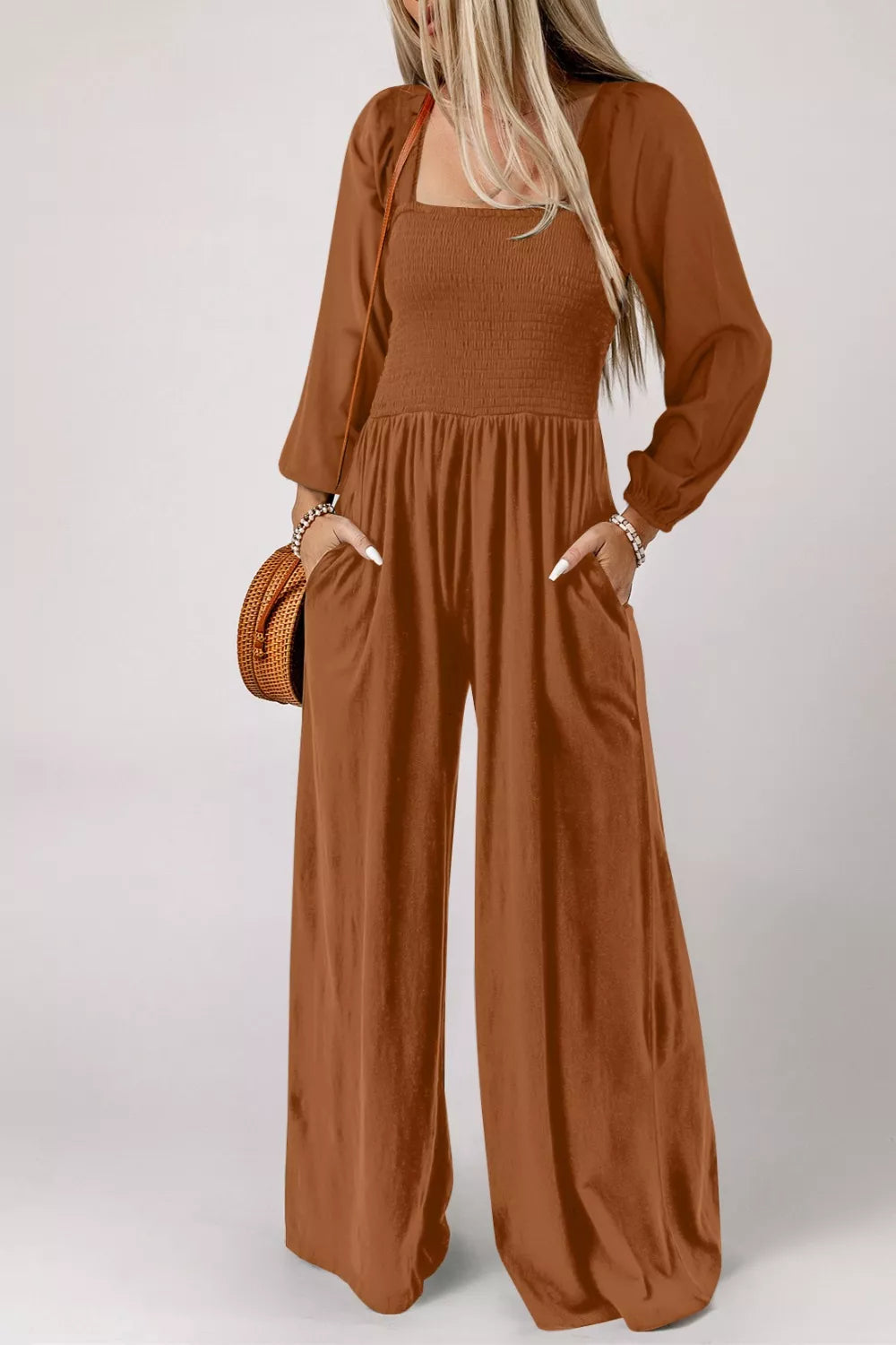 Caramel Boho Smocked Square Neck Wide Leg Jumpsuit