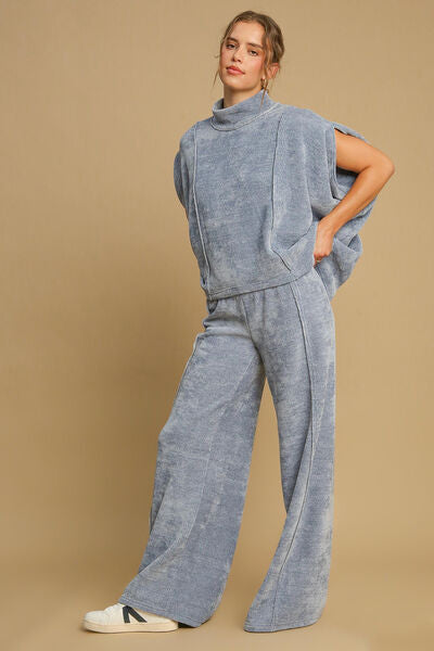 Light Blue Umgee Solid Color Mock Neck Short Sleeve Top 1