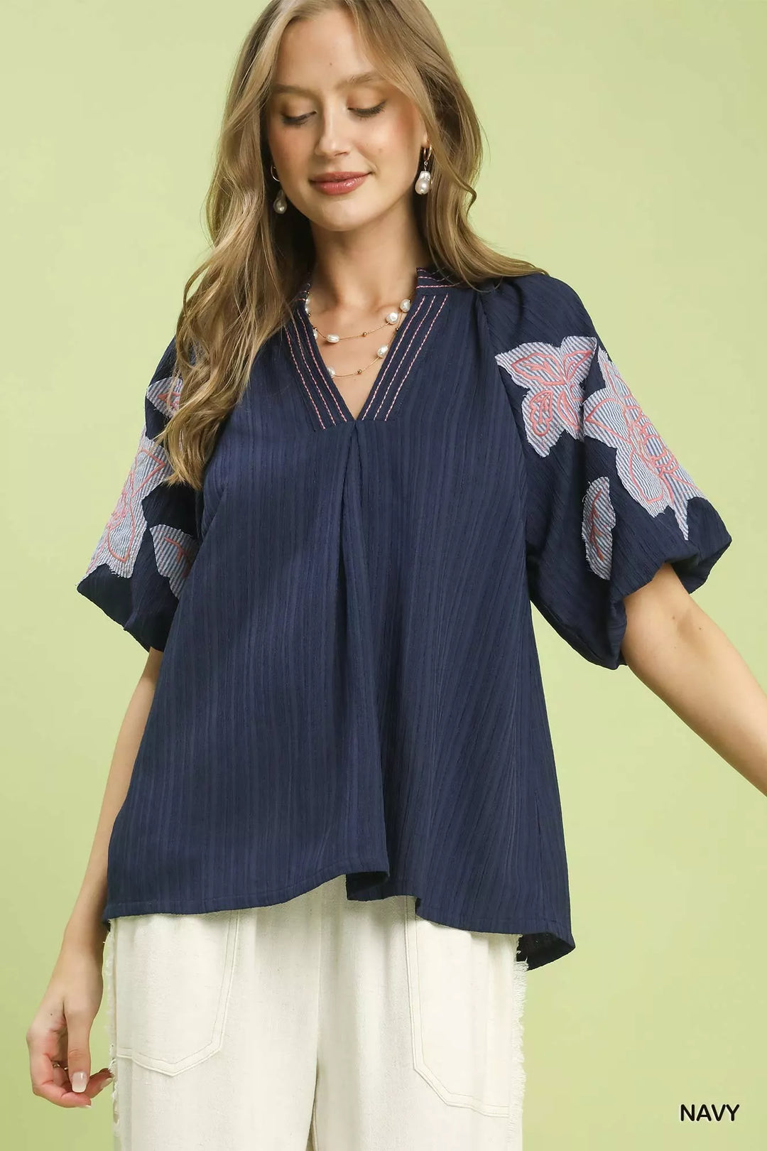 Navy Umgee Embroidered Balloon Sleeve Notch Neck Blouse