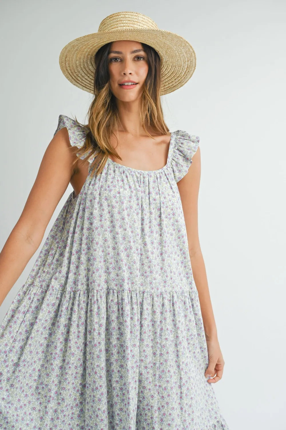 Mable Floral Ruffle Shoulder Tiered Midi Dress