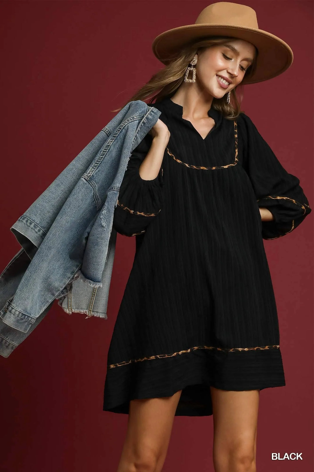 Black Umgee Full Size Textured Babydoll Dress With Leopard Trim Plus Size