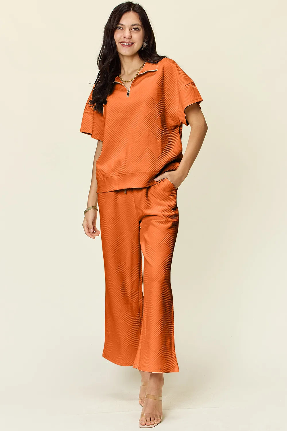 Tangerine Double Take Full Size Texture Half Zip Short Sleeve Top And Pants Set 1