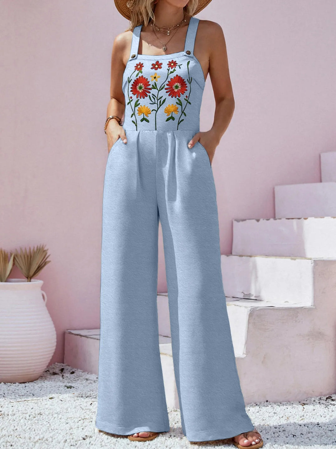 Light Blue Floral Embroidered Wide Leg Jumpsuit