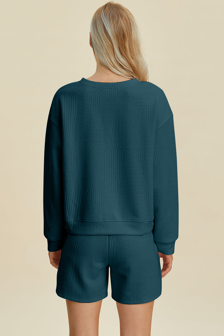 Peacock  Blue Double Take Full Size Texture Round Neck Long Sleeve Top And Shorts Set