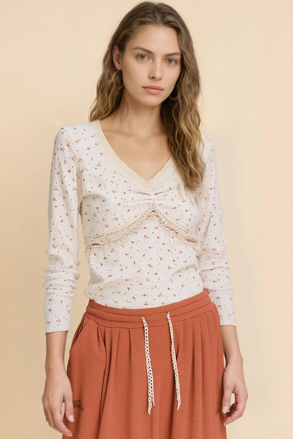 Cream Pol Floral V Neck Long Sleeve T Shirt