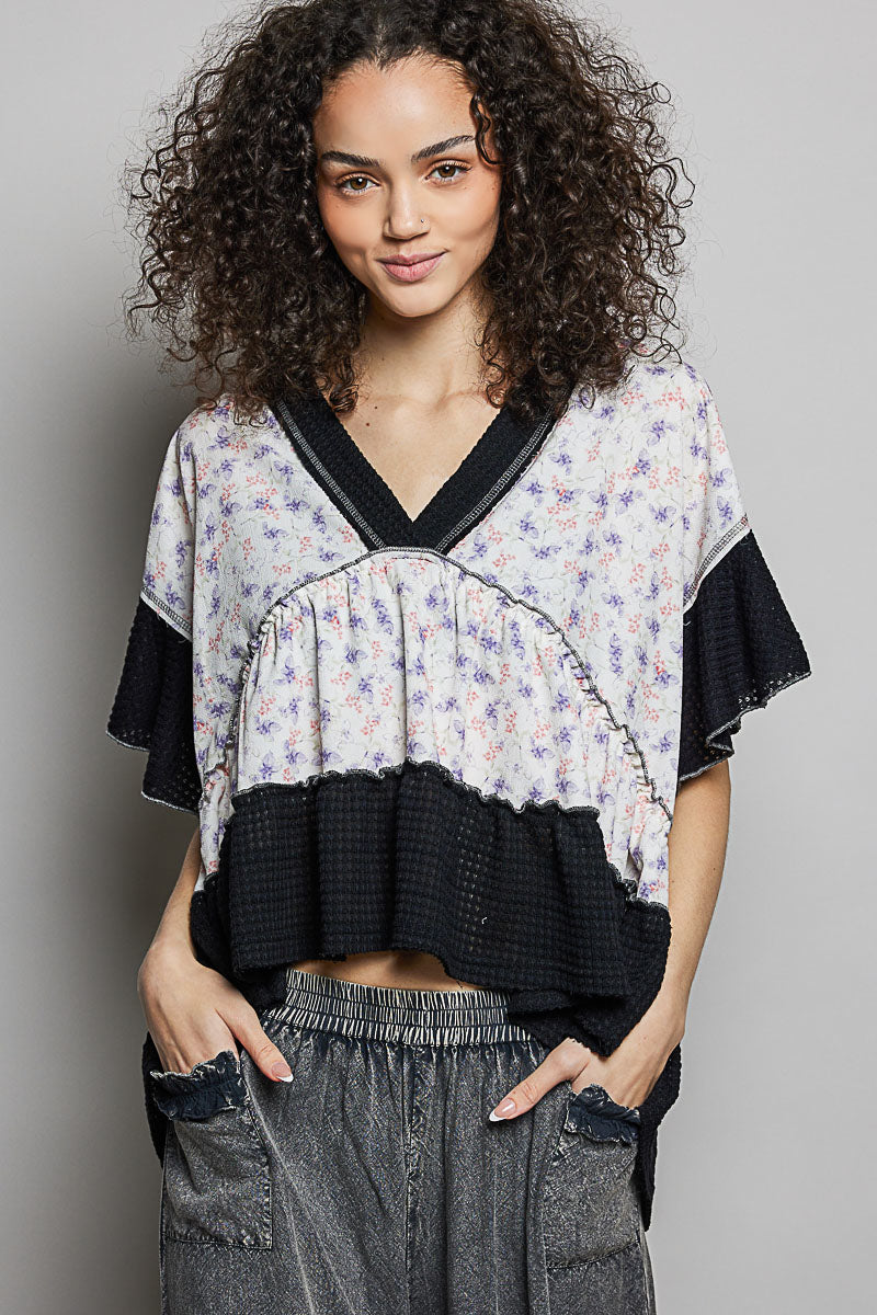 Black Pol Floral Print V Neck Woven Blouse With Gentle Gathers 1