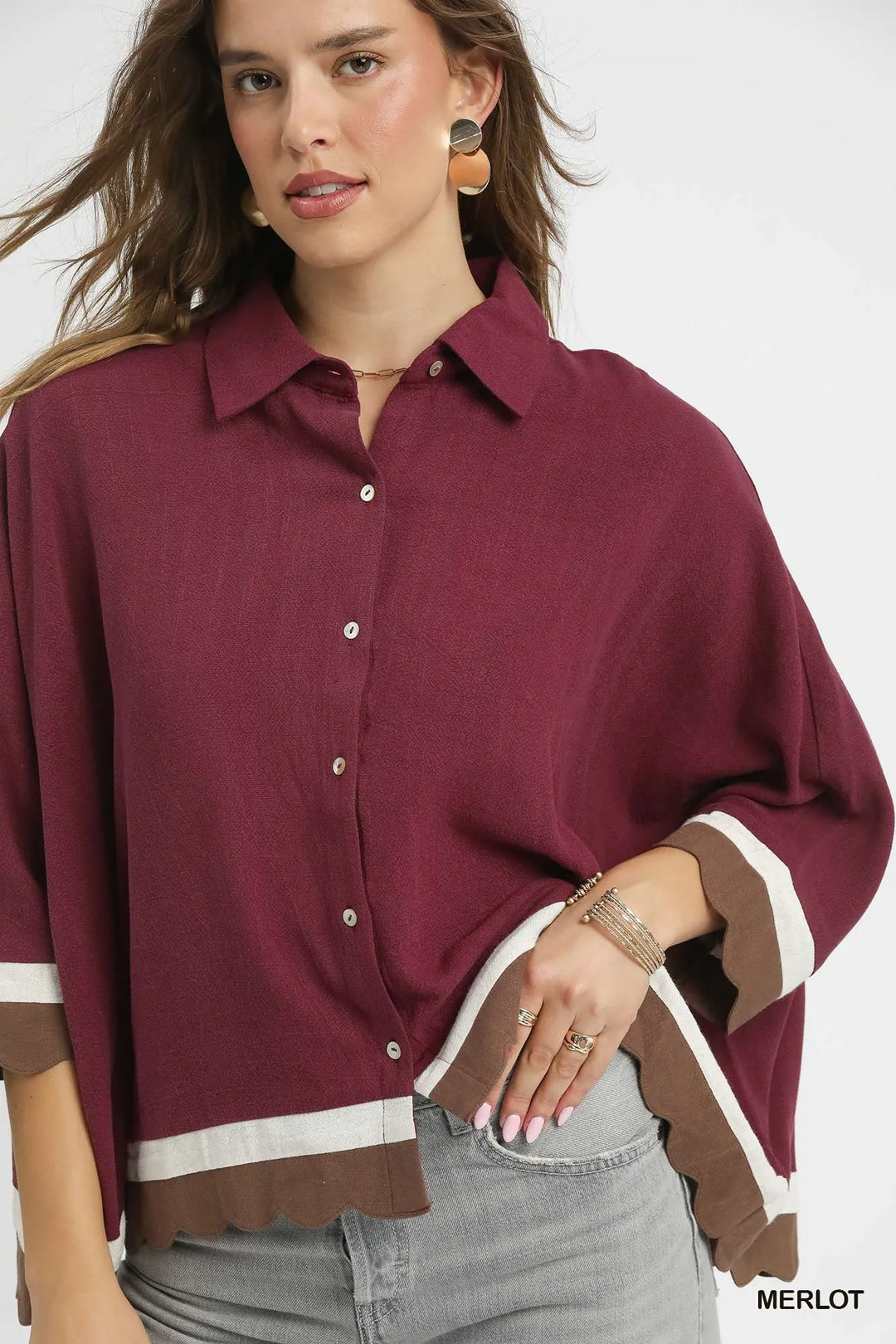 Umgee Colorblock Button Down Shirt With Scallop Hem