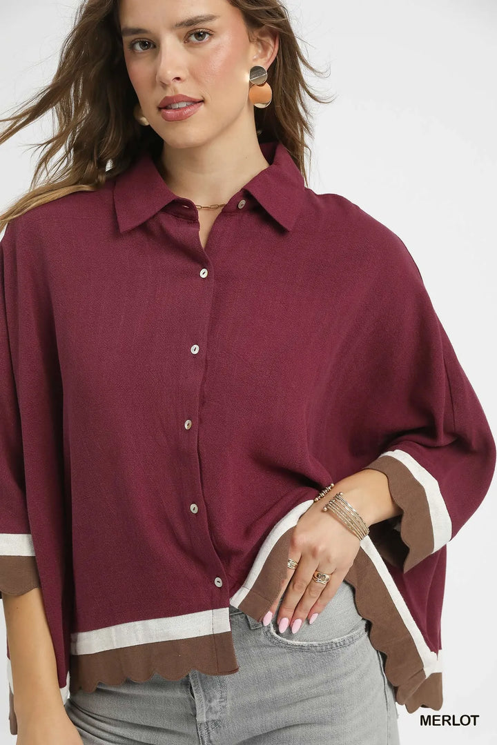 Umgee Colorblock Button Down Shirt With Scallop Hem