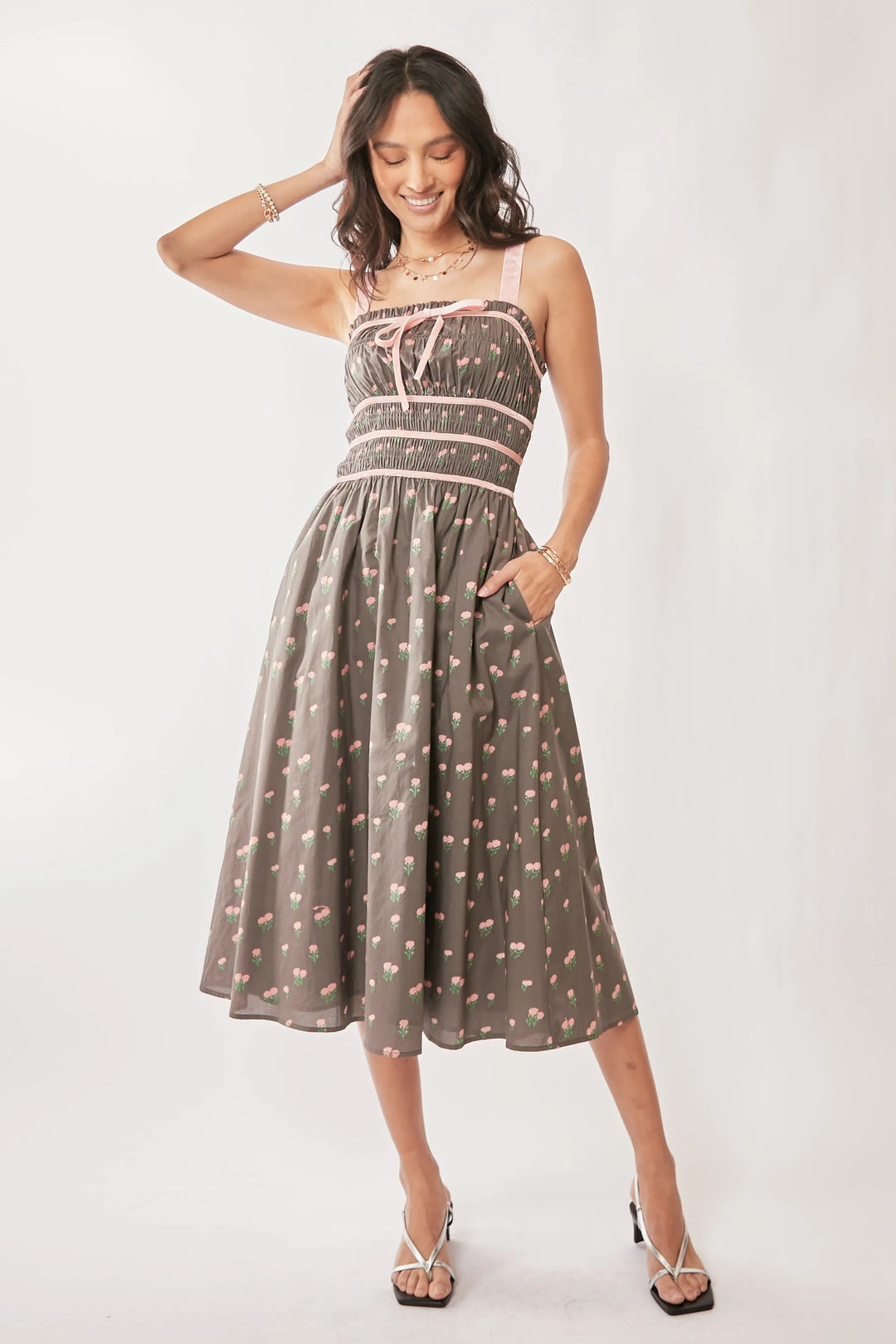 Mocha Brown Davi Dani Contrast Velvet Tape Smocking Bodice Midi Dress 1