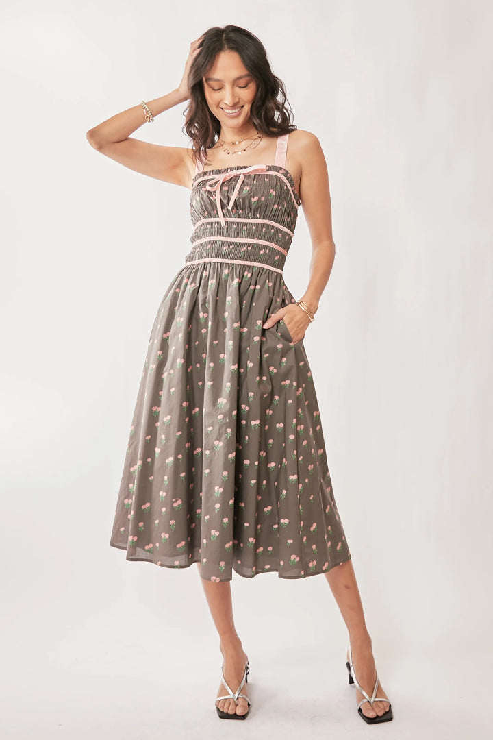 Mocha Brown Davi Dani Contrast Velvet Tape Smocking Bodice Midi Dress 1