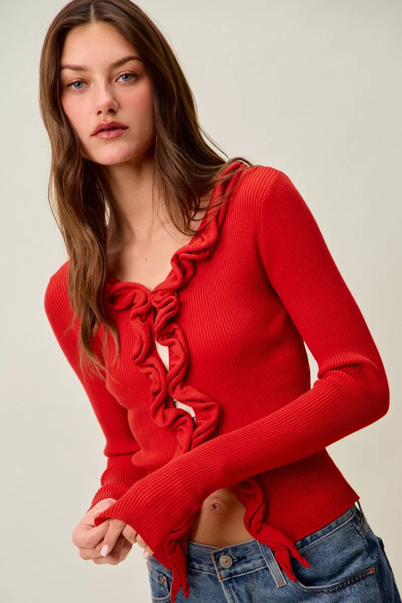 Red Coral So Me Cascade Ruffle Ribbed Sweater Cardgian