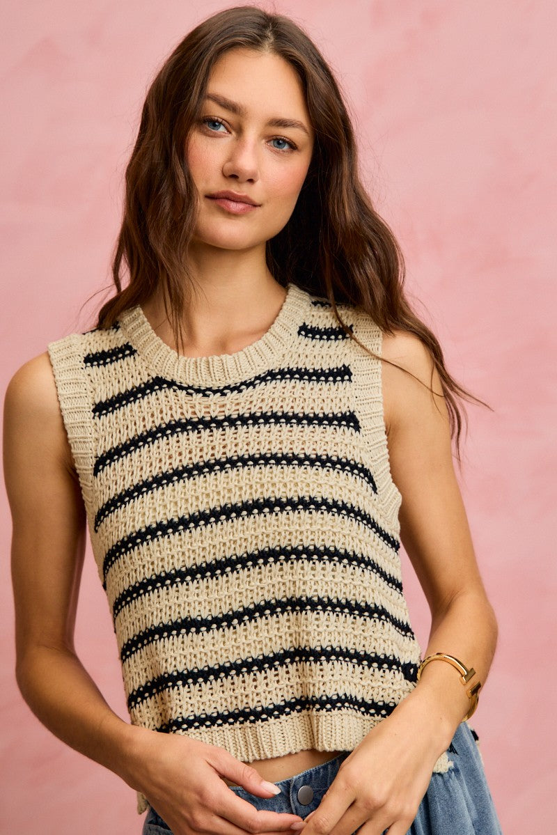 So Me Low Gauge Textured Stripe Sleeveless Sweater Top