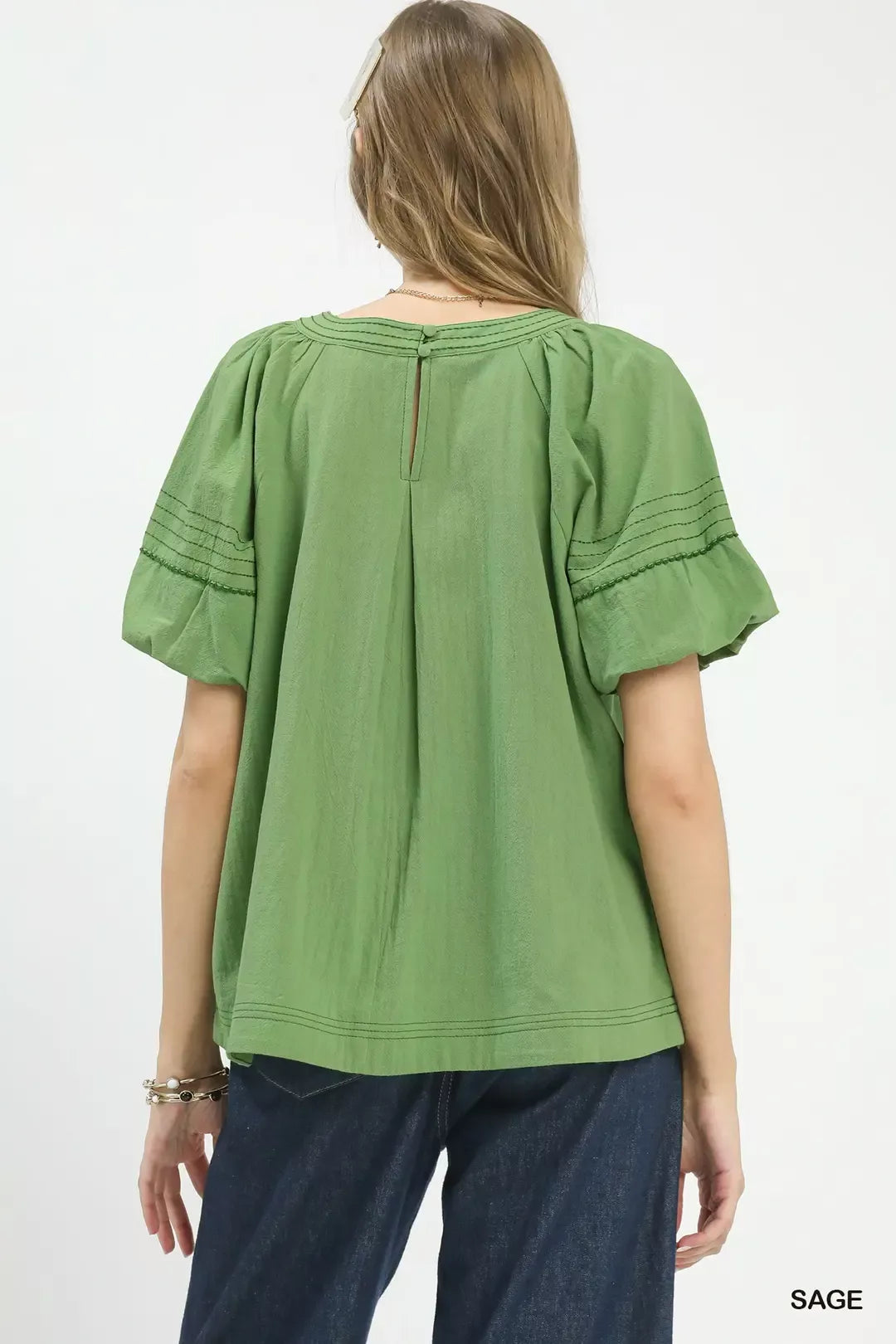 Sage Umgee Round Neck Puff Sleeve Top With Contrast Stitch Detail 1