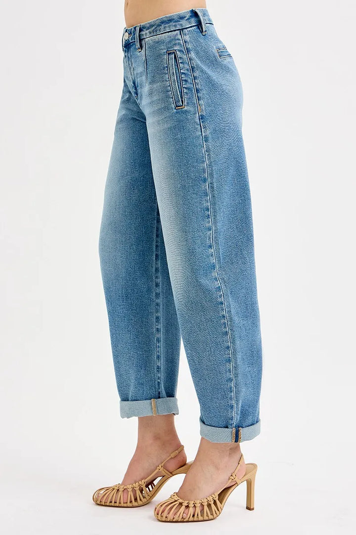 Medium Risen Full Size Mid Rise Fit Barrel Roll Up Jeans Plus Size