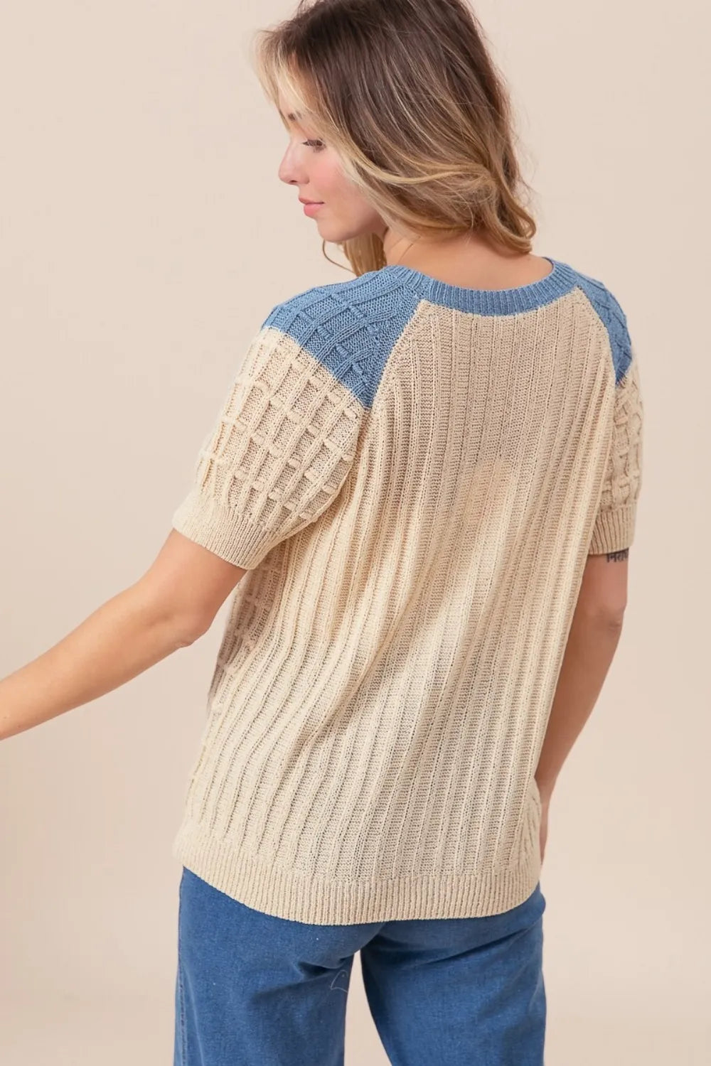 Oatmeal/Denim Bibi Textured Contrast Short Sleeve Sweater