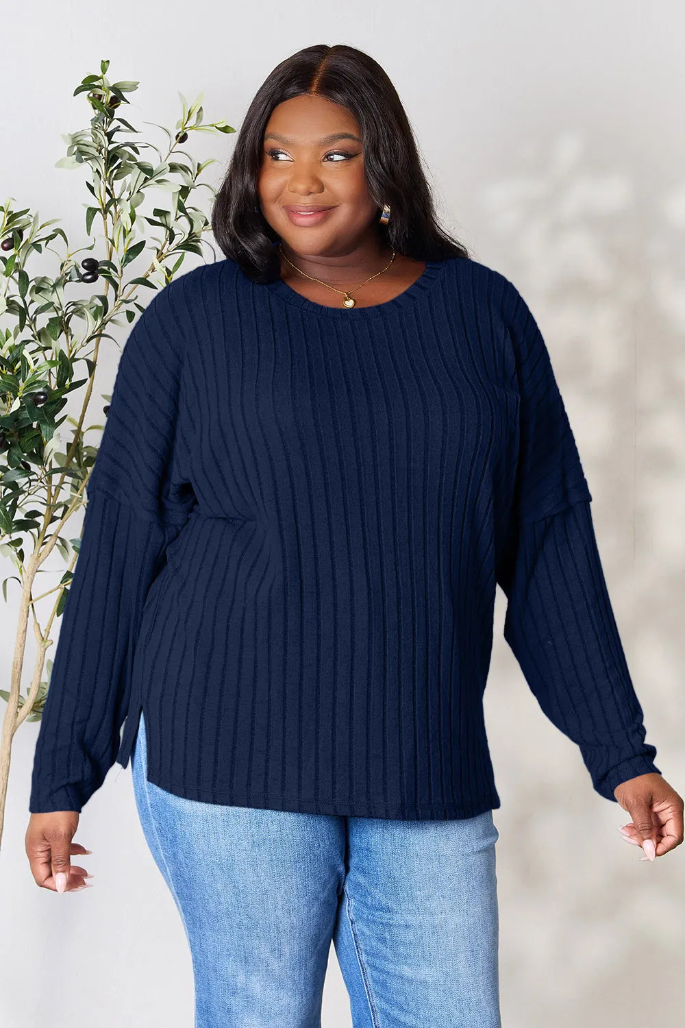Dark Blue Basic Bae Full Size Ribbed Round Neck Slit Knit Top