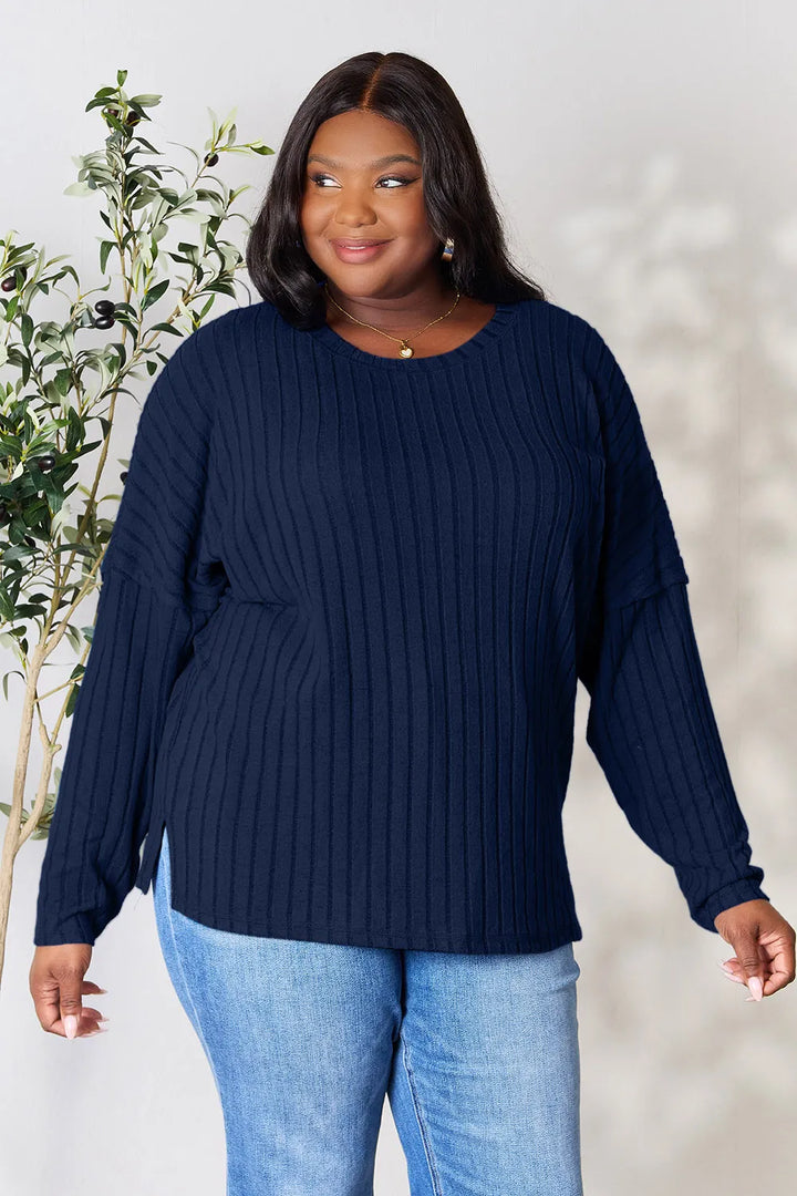 Dark Blue Basic Bae Full Size Ribbed Round Neck Slit Knit Top