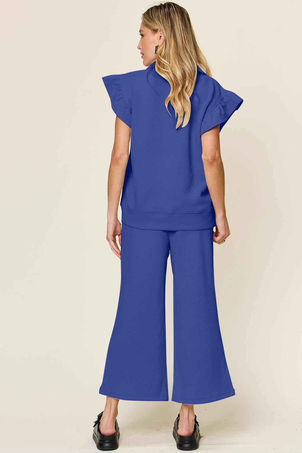Green Double Take Texture Ruffle Short Sleeve Top And Drawstring Wide Leg Pants Set