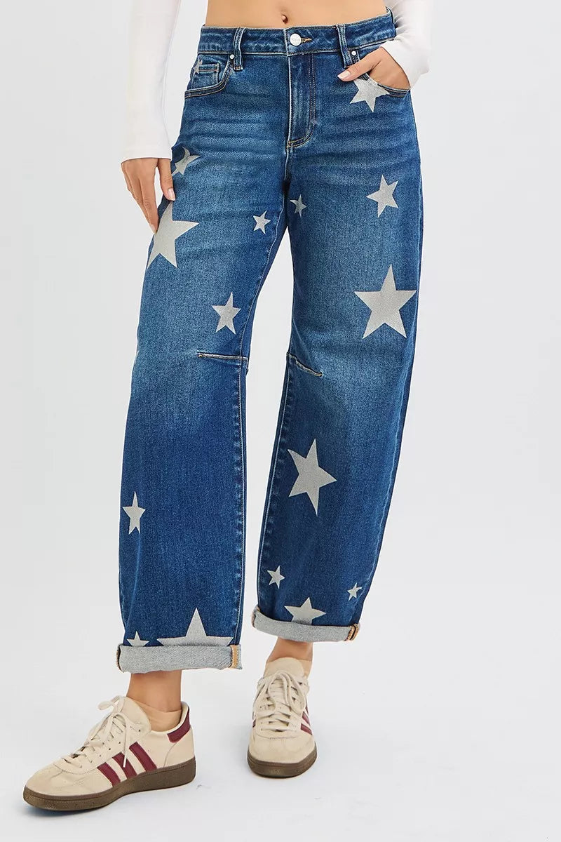 Dark Risen Mid Rise Ankle Length Relaxed Barrel Star Printed Jeans