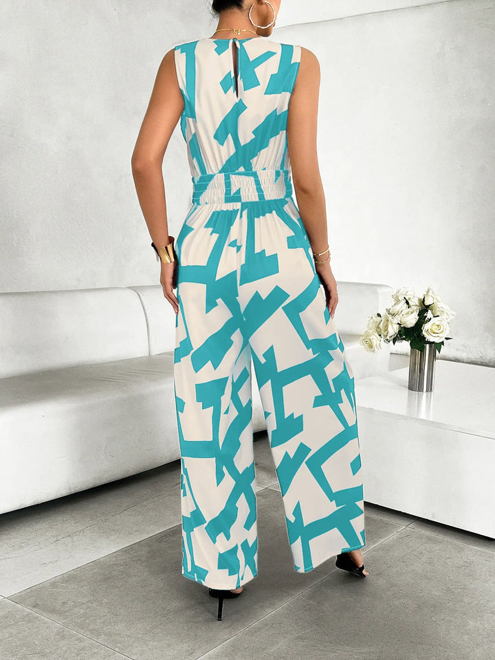 Lake Blue Printed Wide Leg Jumpsuit
