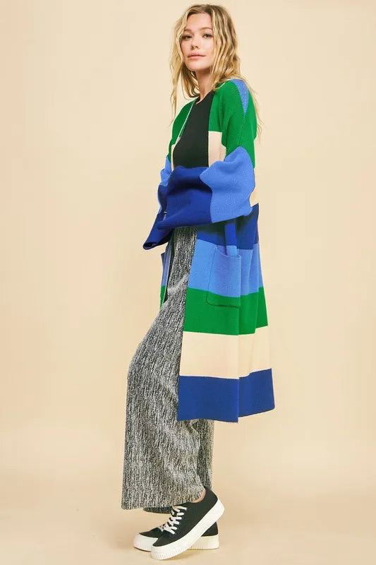 Blue Stripe Davi Dani Color Block Kimono Sleeve Open Front Cardigan