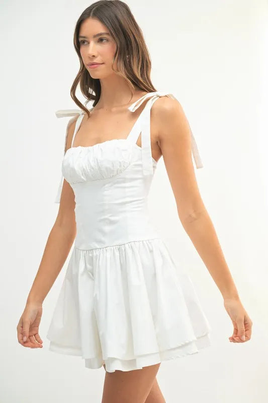 Off White Mable Shoulder Tie Corset Panel Mini Dress