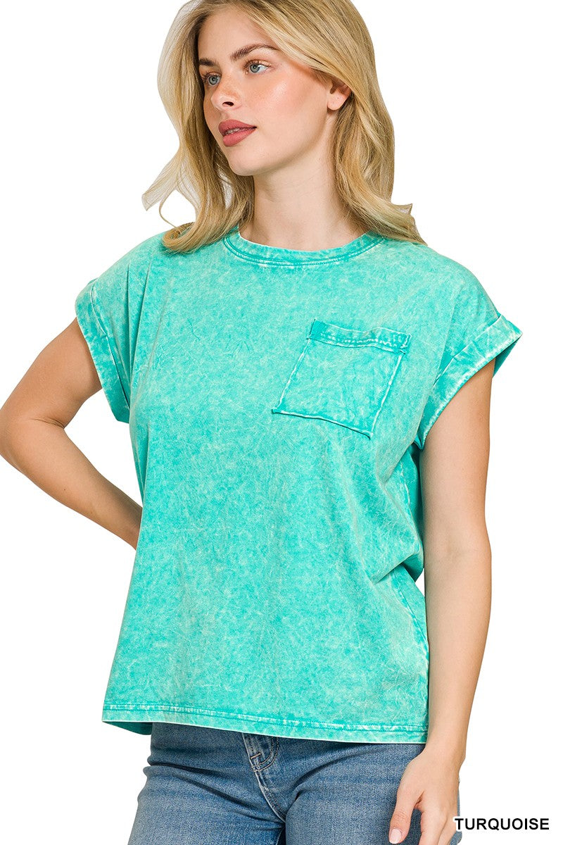 Turquoise Zenana Full Size Crinkle Washed Round Neck Folded Short Sleeve Tee Plus Size 6