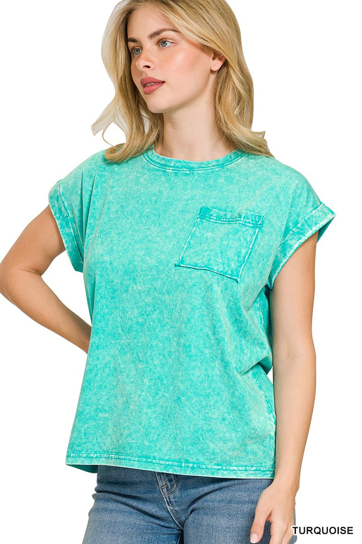 Turquoise Zenana Full Size Crinkle Washed Round Neck Folded Short Sleeve Tee Plus Size 6