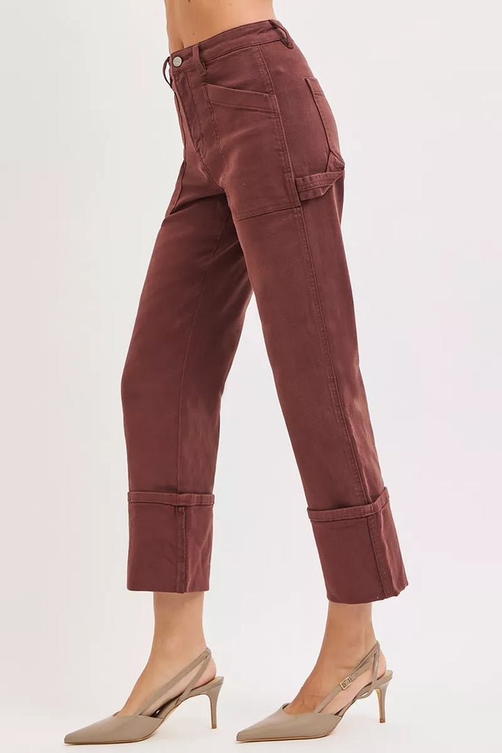 Choco Brown Risen Full Size High Rise Wide Straight Cuffed Patch Jeans Plus Size