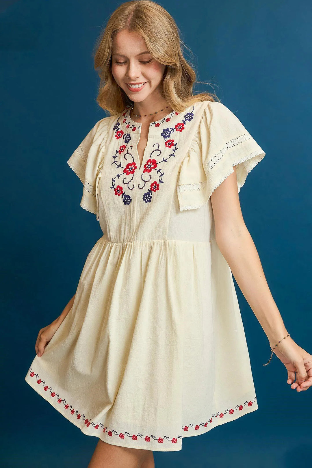 Ivory Umgee Embroidered Floral Flutter Sleeve Mini Dress