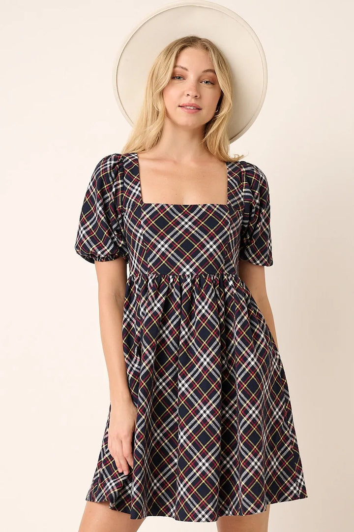 Navy Mittoshop Checkered Print Puff Sleeve Babydoll Mini Dress