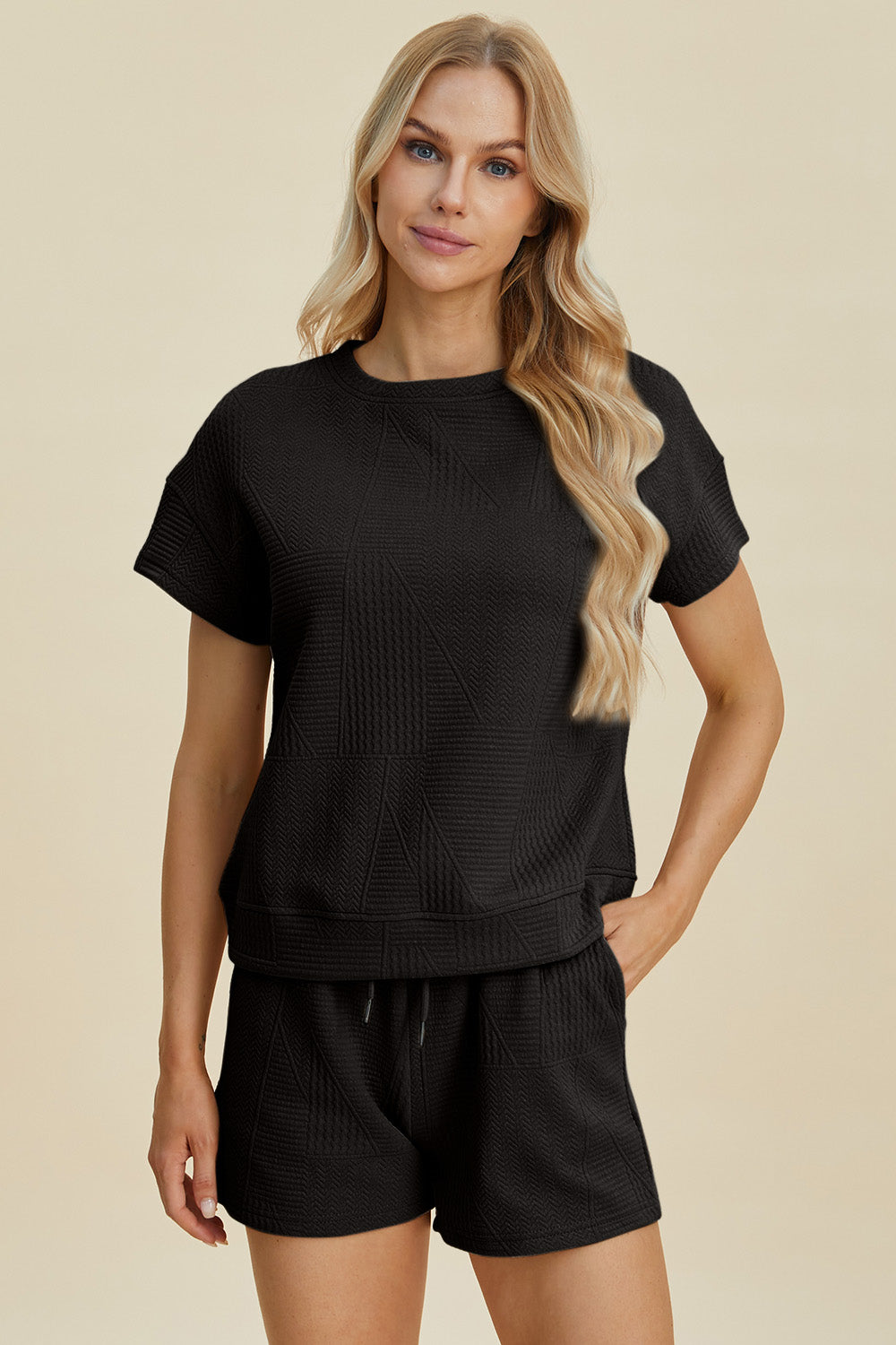 Brown Double Take Full Size Texture Short Sleeve Top And Shorts Set