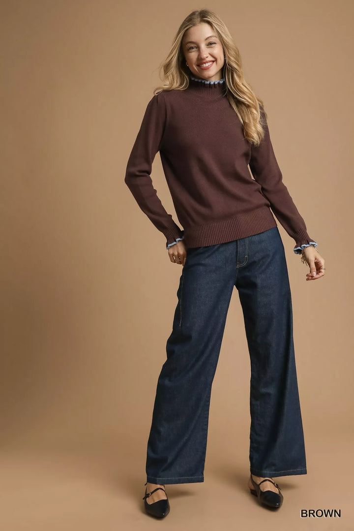 Umgee Ribbed Round Neck Sweater With Ruffle Contrast Trim
