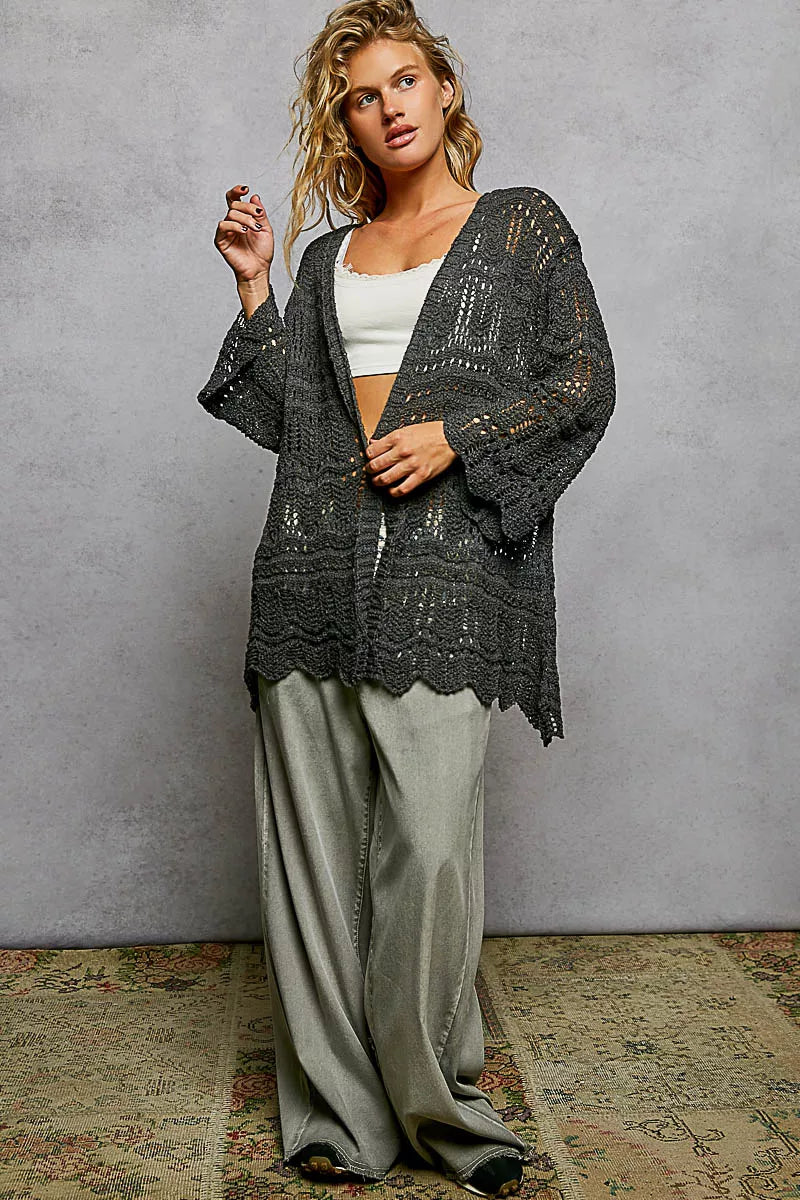Pol Openwork Lightweight Open Front Cardigan With Scalloped Edge 1