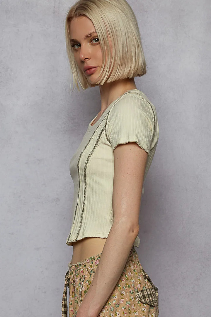 Sage Pol Contrast Stitching Round Neck Crop T Shirt 1