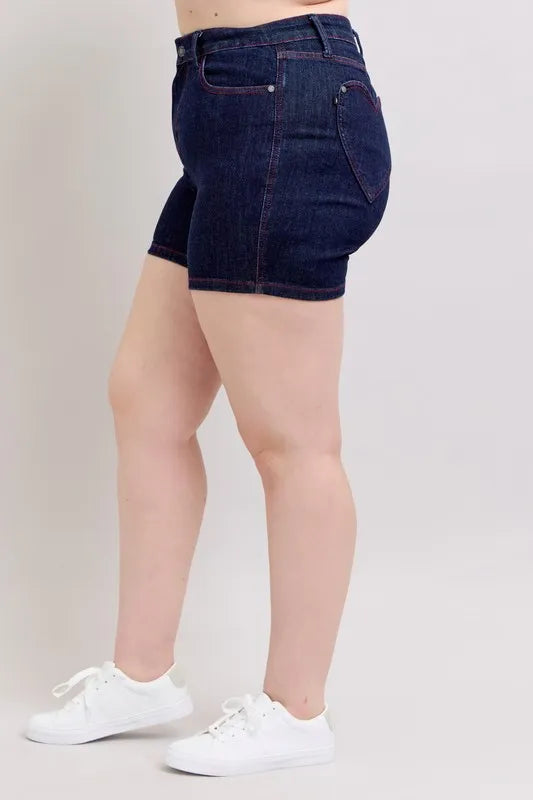 Dk Judy Blue Plus Size Hw Heart Shaped Pkts Red Contrast Thread Denim Shorts