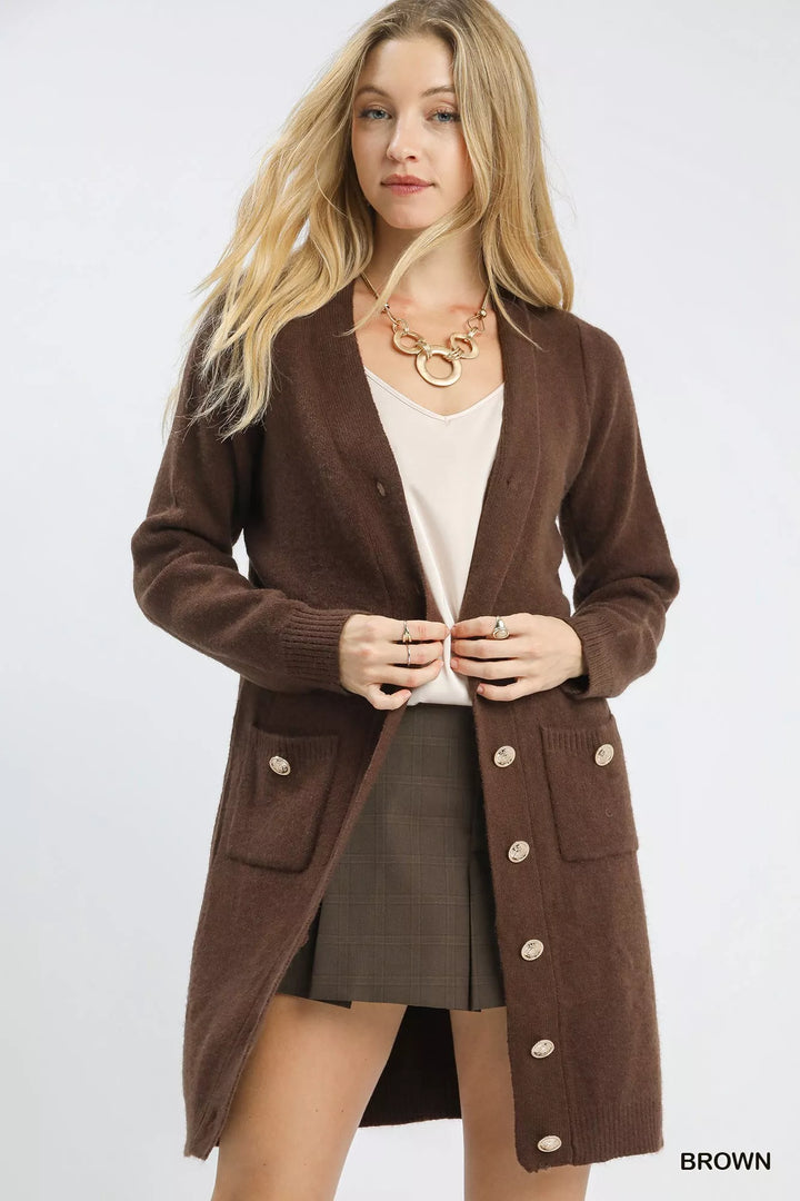 Brown Umgee Button Down Longline Sweater Cardigan With Front Pockets