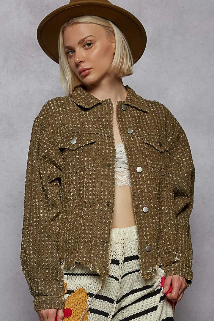 Olive Pol Raw Hem Button Up Jacket With Chest Pockets