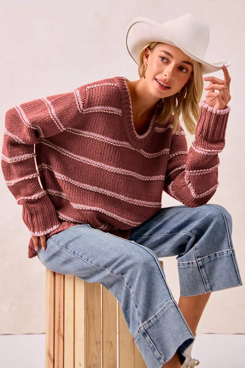 Marsala Bibi Striped Long Sleeve Sweater