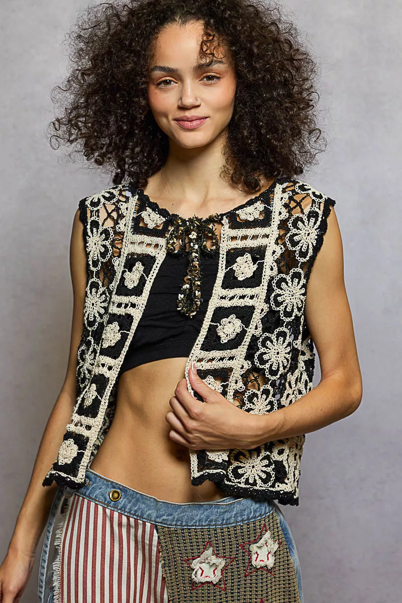 Black/Natural Pol Tie Front Floral Pattern Crochet Vest With Scalloped Edge